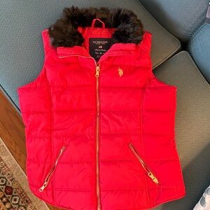U.S. Polo Assn. Red Quilted Puffer Vest with Faux Fur Collar